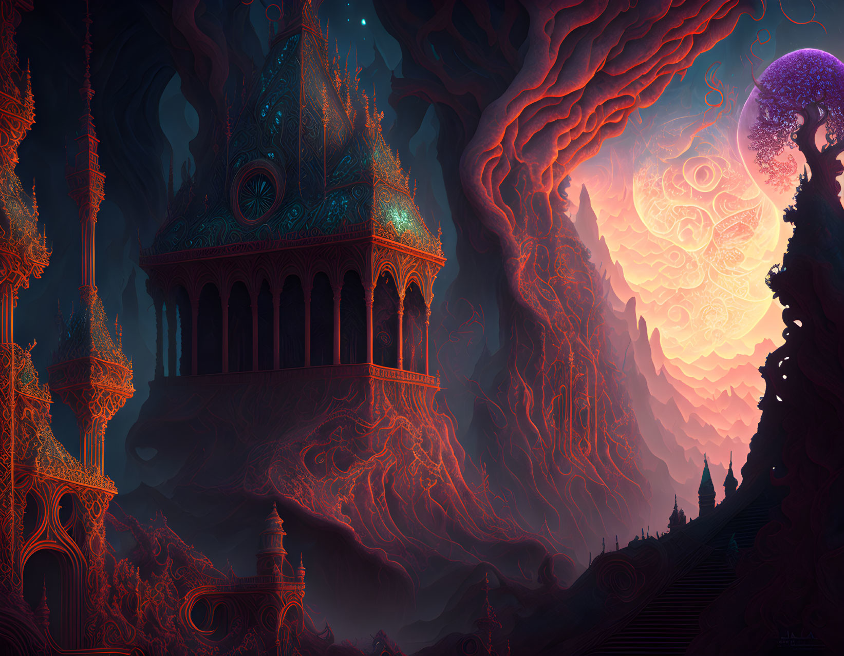 Fantastical landscape with glowing architecture and surreal sky