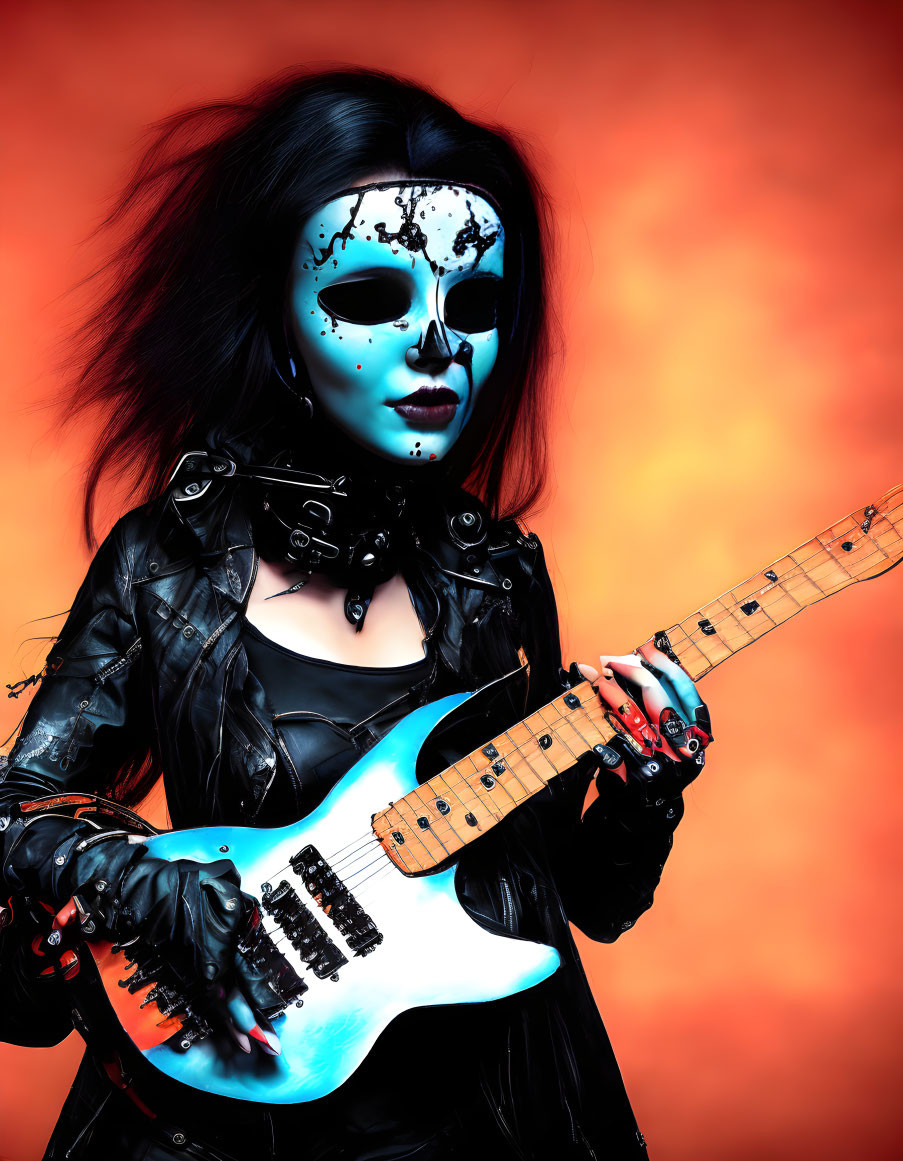 Woman in Blue Skull Face Paint Plays Electric Guitar Against Fiery Orange Backdrop