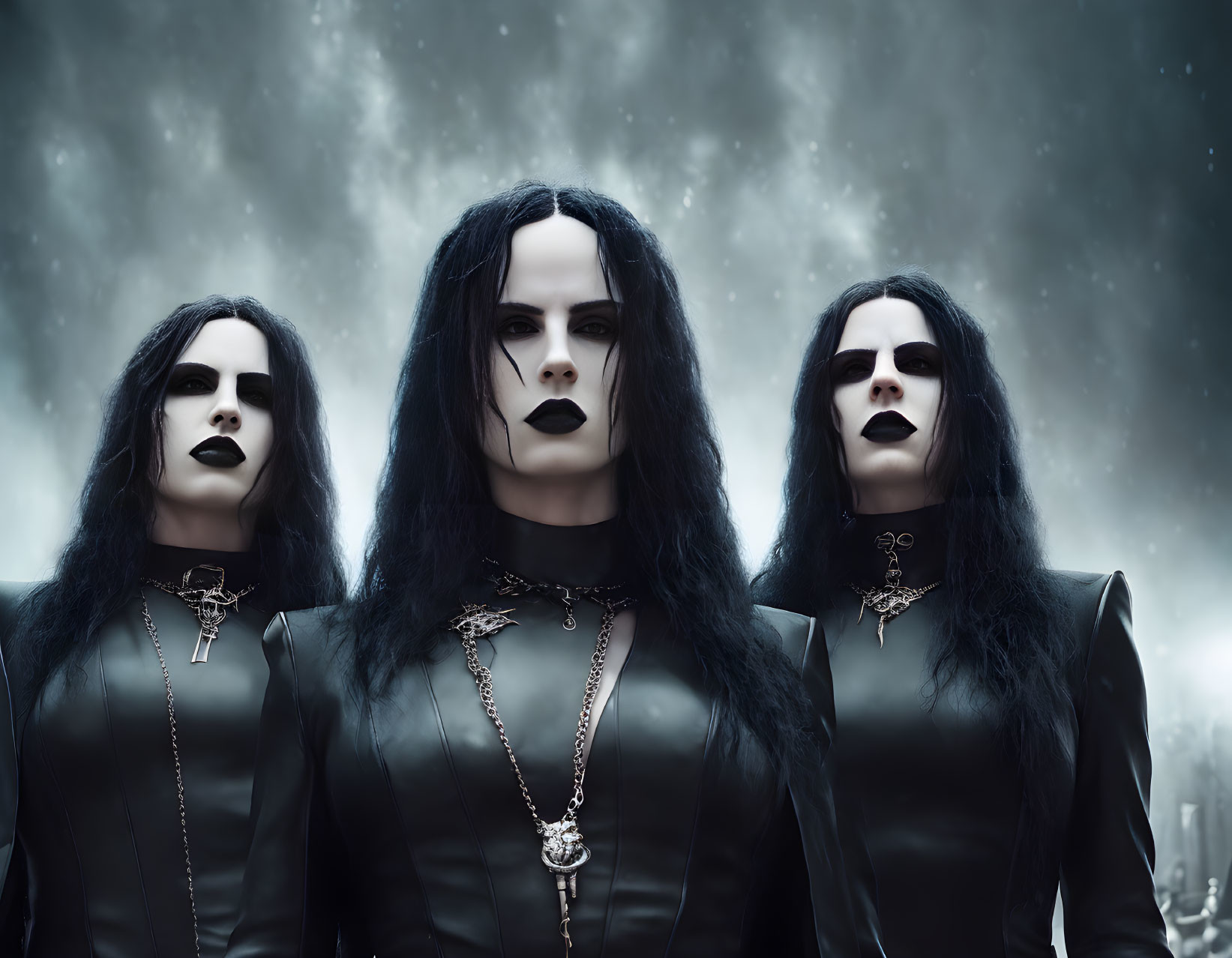 Three individuals in goth makeup and black clothing against misty background