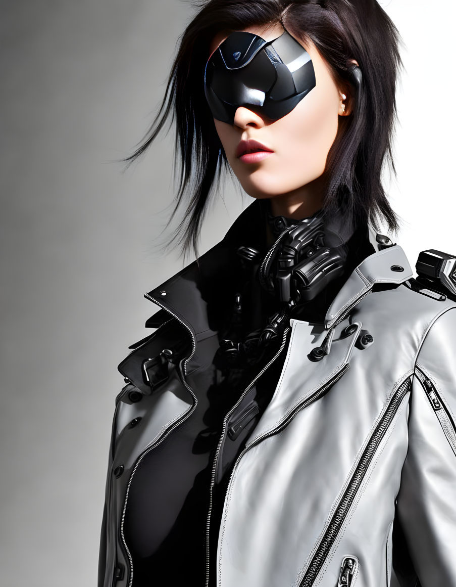 Futuristic woman in eye-covering visor and metallic neck gear with black shoulder armor and gray