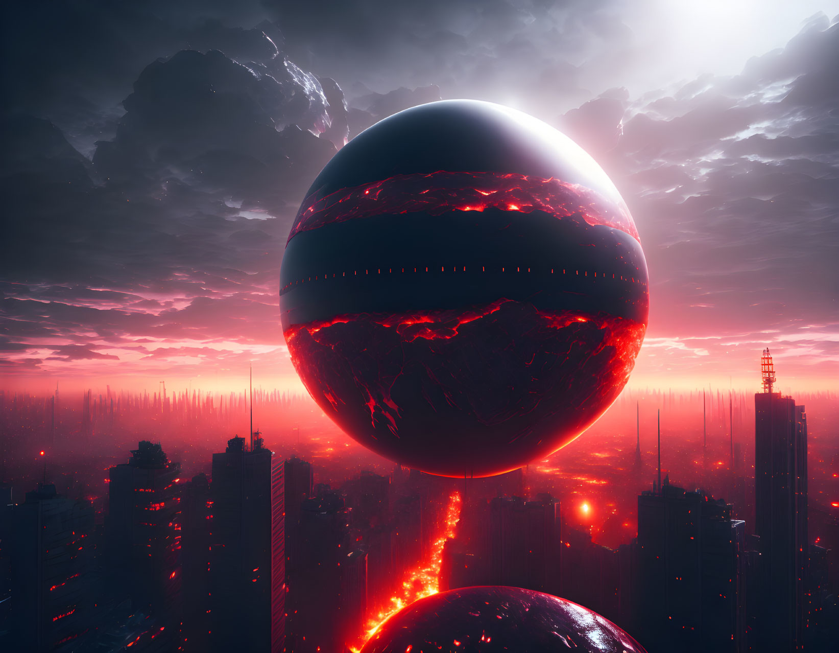 Futuristic cityscape with floating spherical structure in red sky