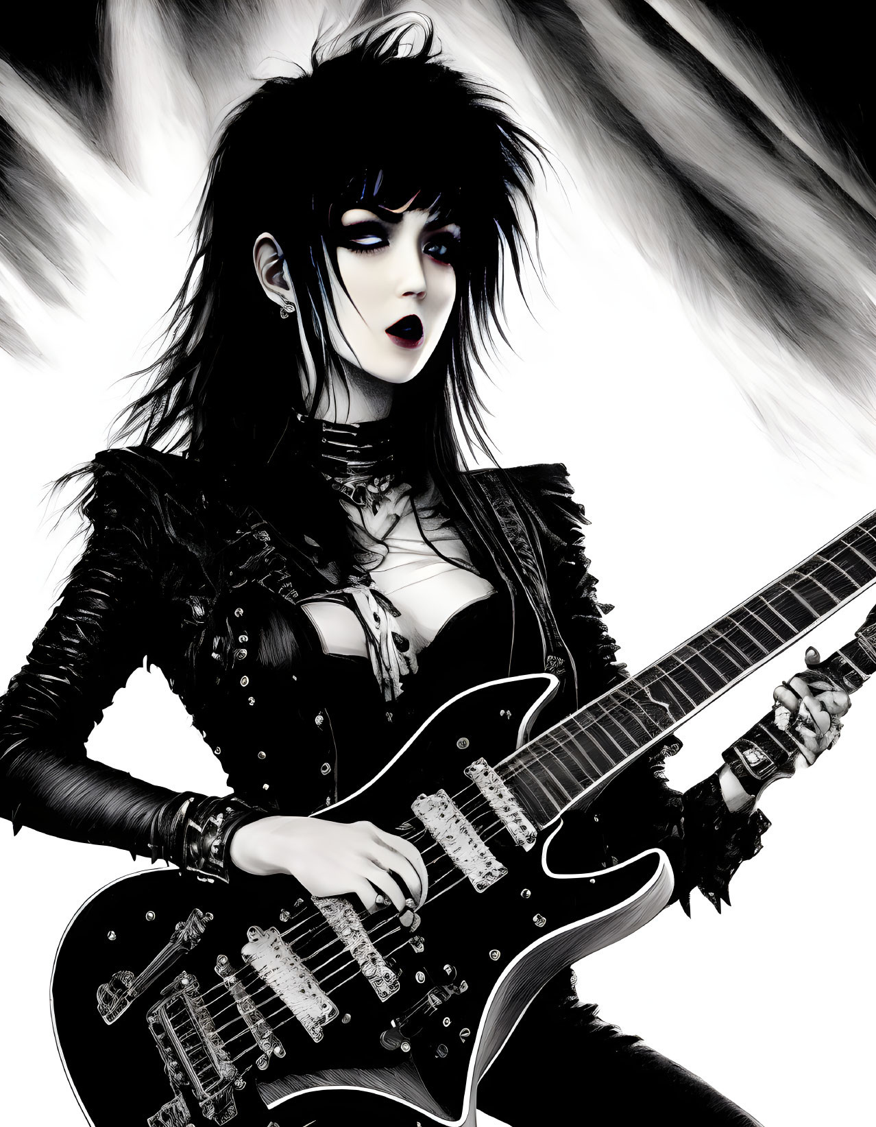 Gothic-style female character with dark makeup playing black electric guitar