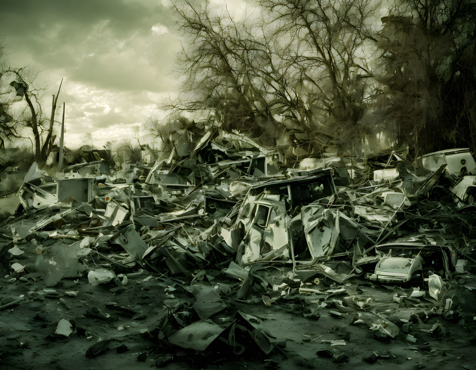 Desolate post-apocalyptic landscape with twisted metal debris under dark sky