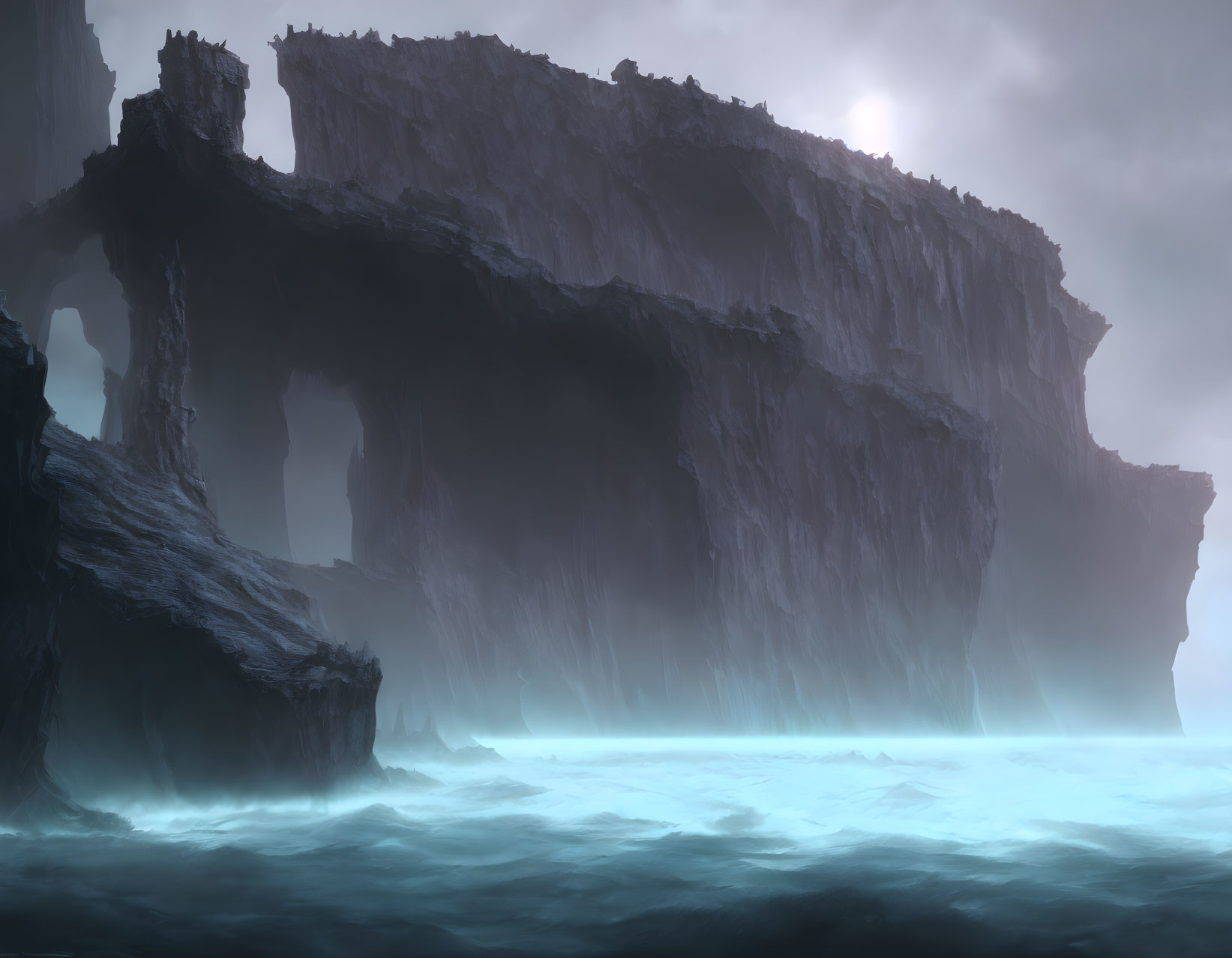 Dark cliffs towering over stormy ocean under hazy sky with faint sunlight.