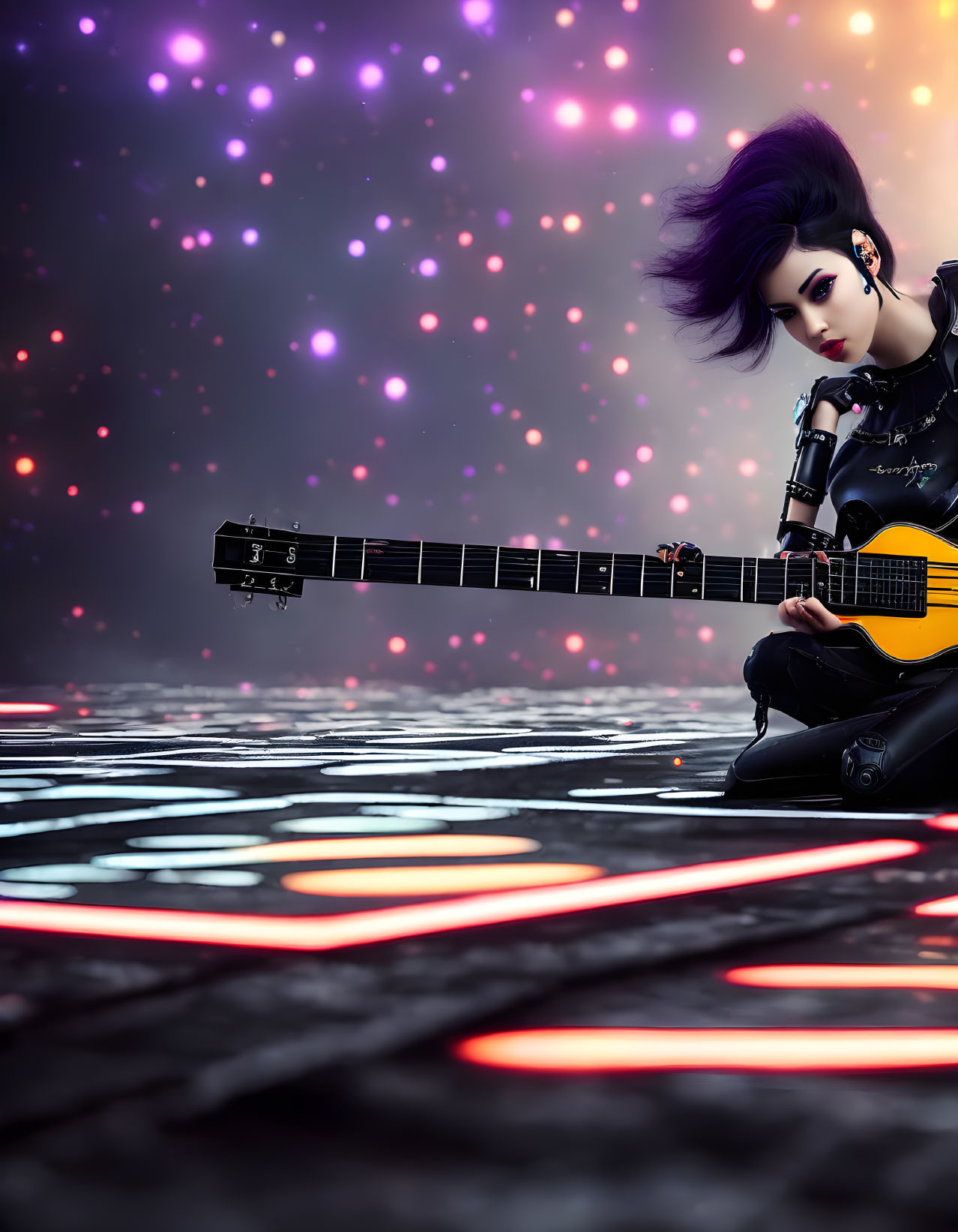 Digital artwork: Person with mohawk playing guitar on reflective surface