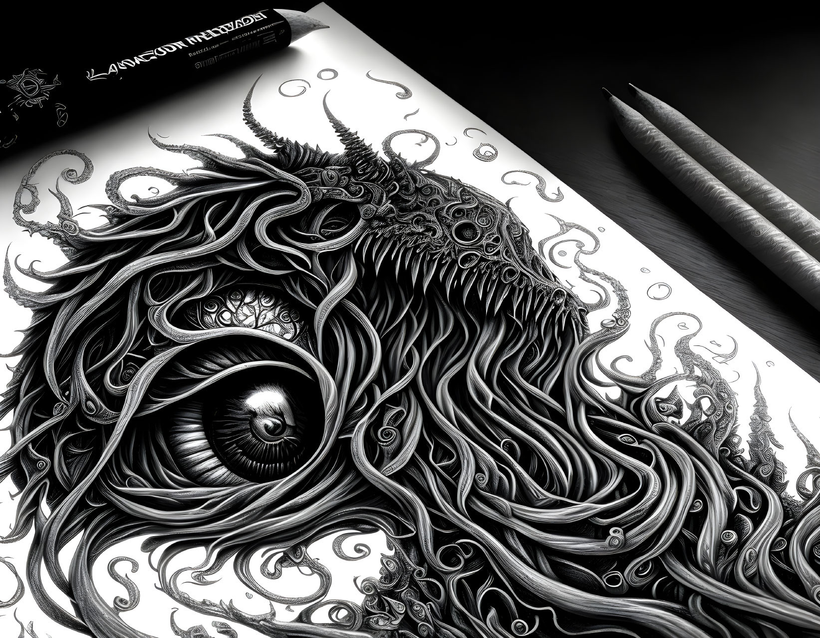 Detailed Black and White Pencil Drawing of Fantastical Creature