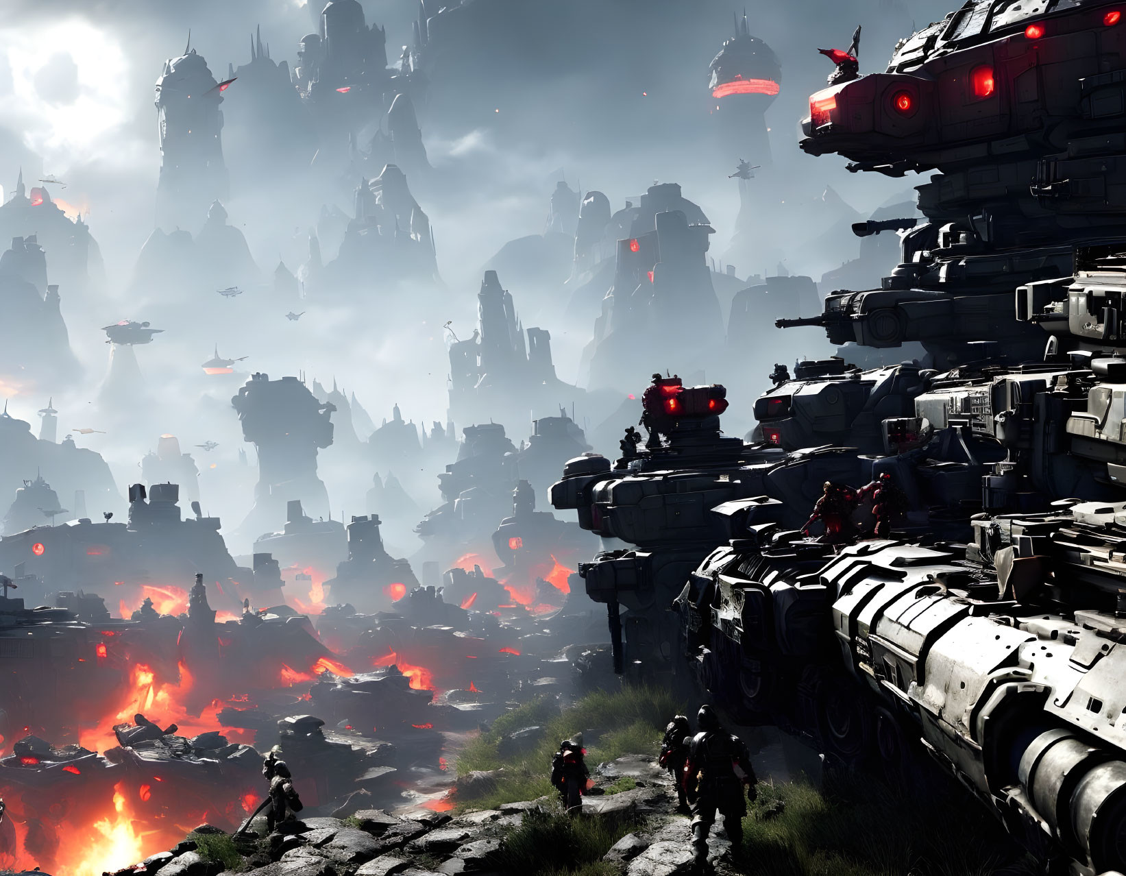 Futuristic battlefield with soldiers, armored vehicles, fiery explosions, and dark structures.