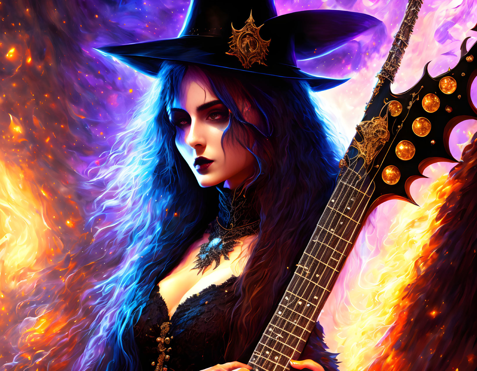 Witch with piercing eyes holding a guitar in fiery mystical setting