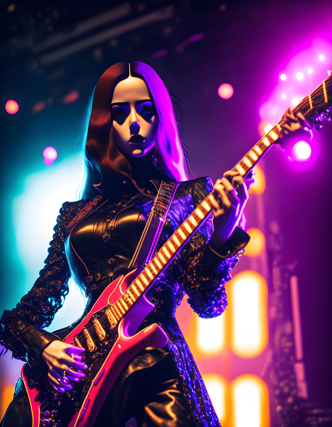 Female artist with dramatic makeup plays electric guitar on stage in vivid purple and yellow lights