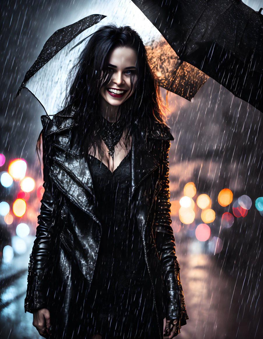 Woman in black leather jacket smiling with umbrella in rainy cityscape.