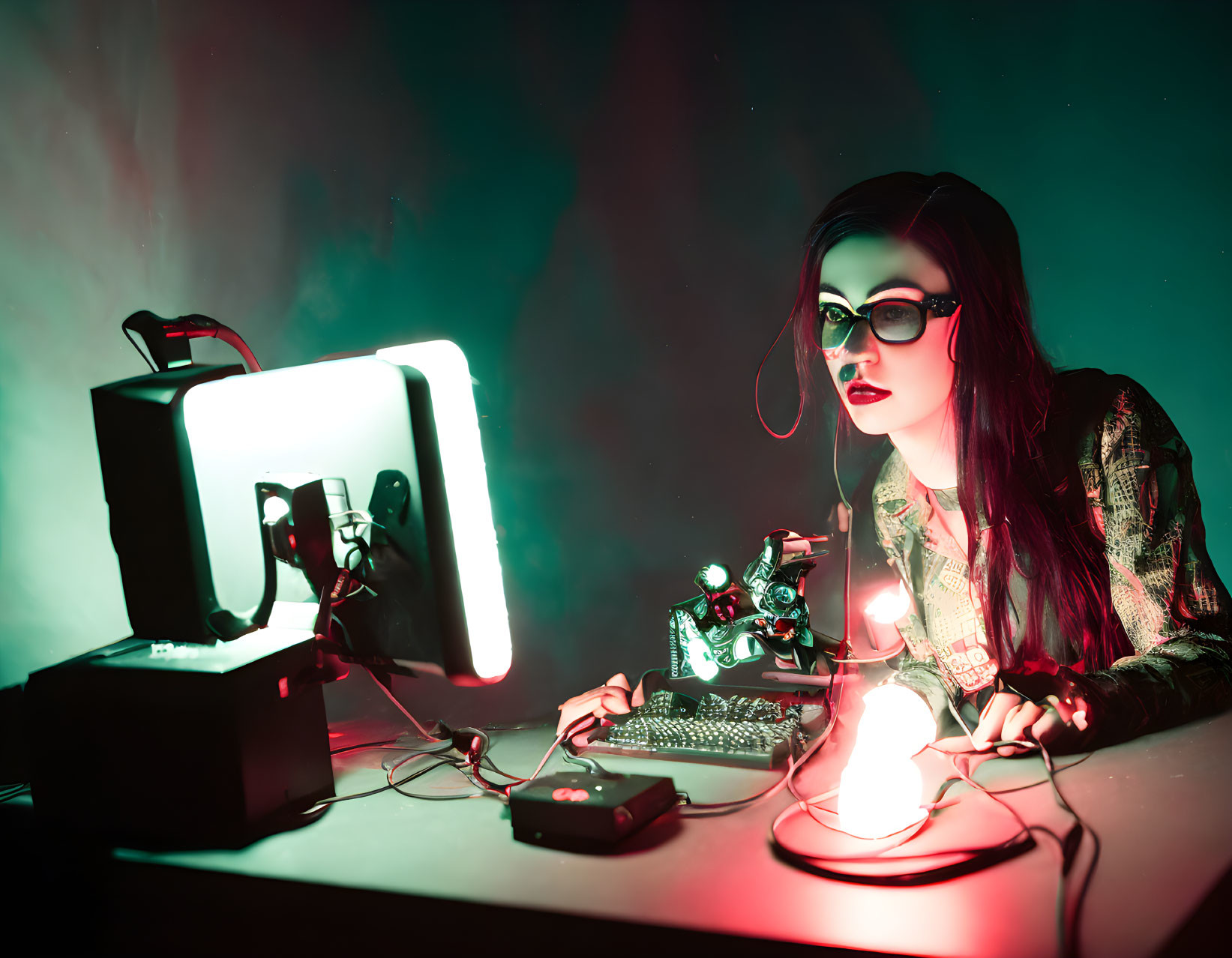 Woman with glasses at desk under neon lights with electronic devices and glowing spherical object