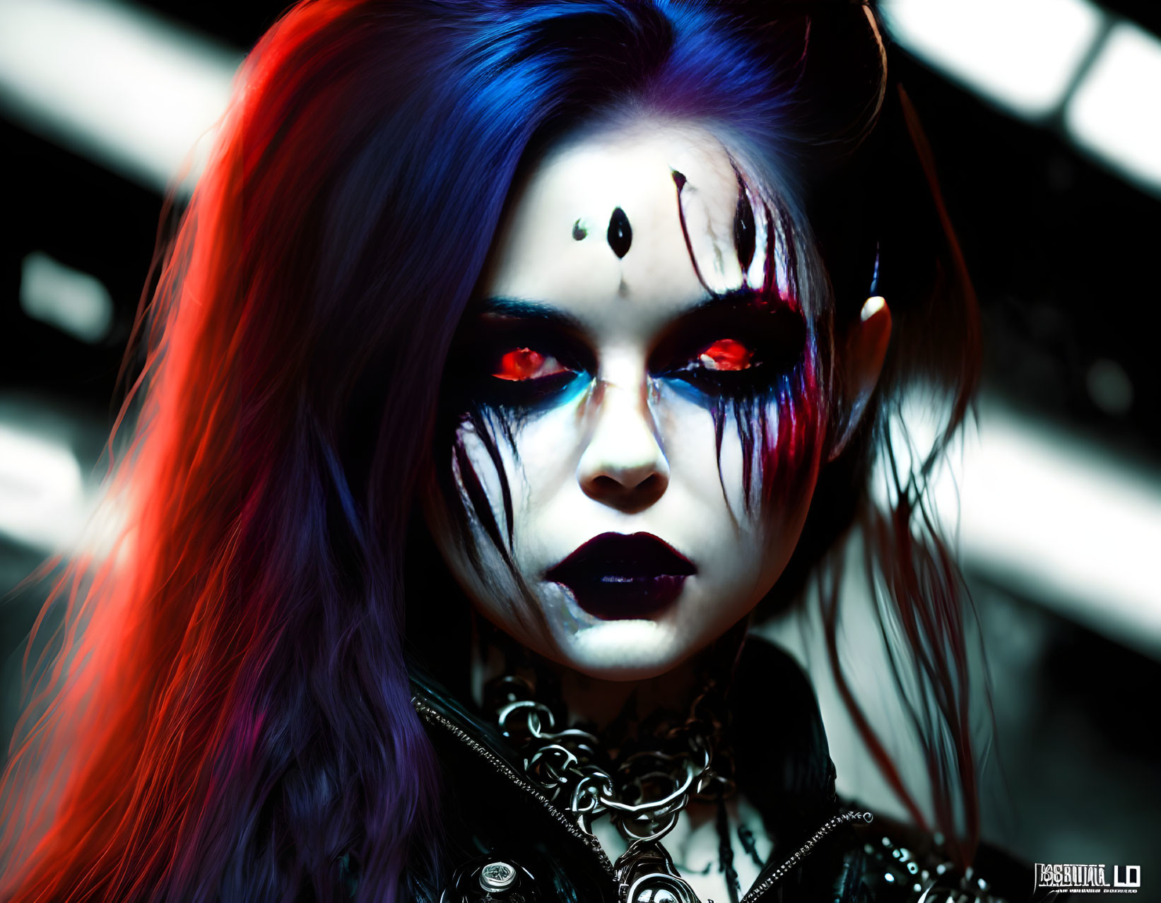 Person with Blue and Red Makeup, Third Eye Symbol, Dark Lipstick, and Multicolored Hair