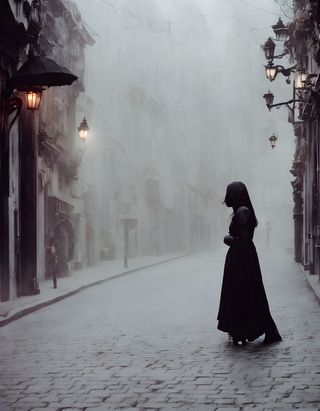 Misty cobblestone street with solitary figure and street lamps