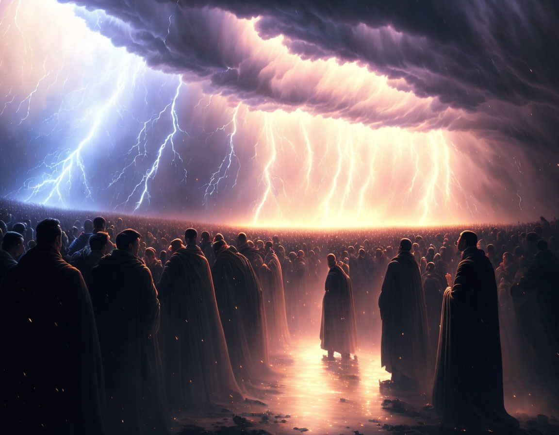 Crowd of cloaked figures under dramatic sky with lightning