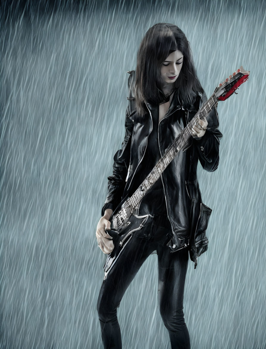 Person in Black Leather Jacket Playing Electric Guitar in Simulated Rain