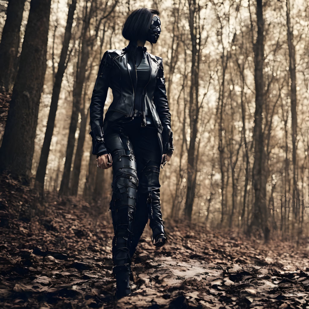 Person in Black Leather Outfit Walking in Forest with Bare Trees