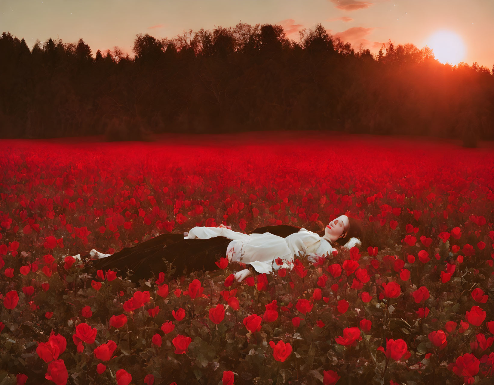 Person in white amidst vibrant red poppies, forest backdrop, sunset sky