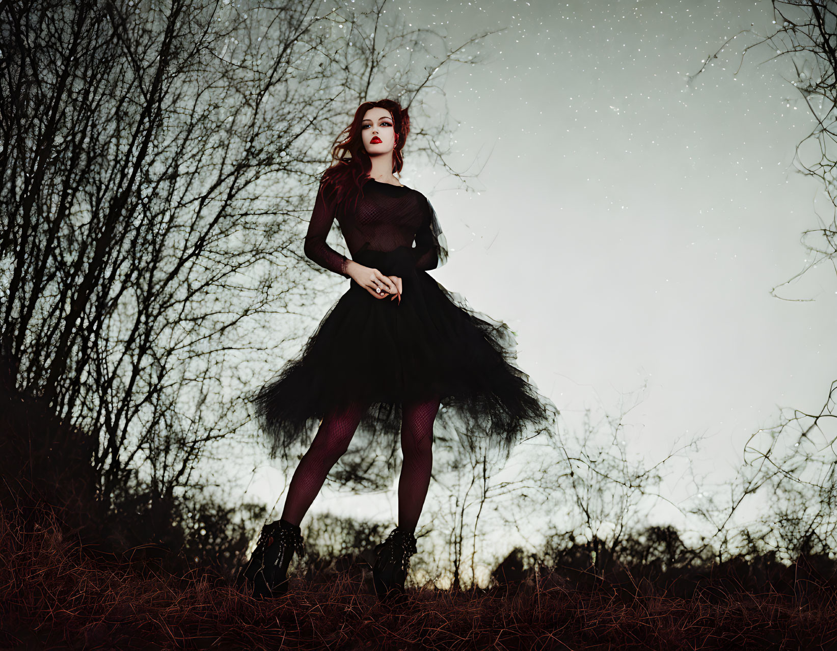 Woman in Black Tulle Dress and Boots in Barren Field at Twilight