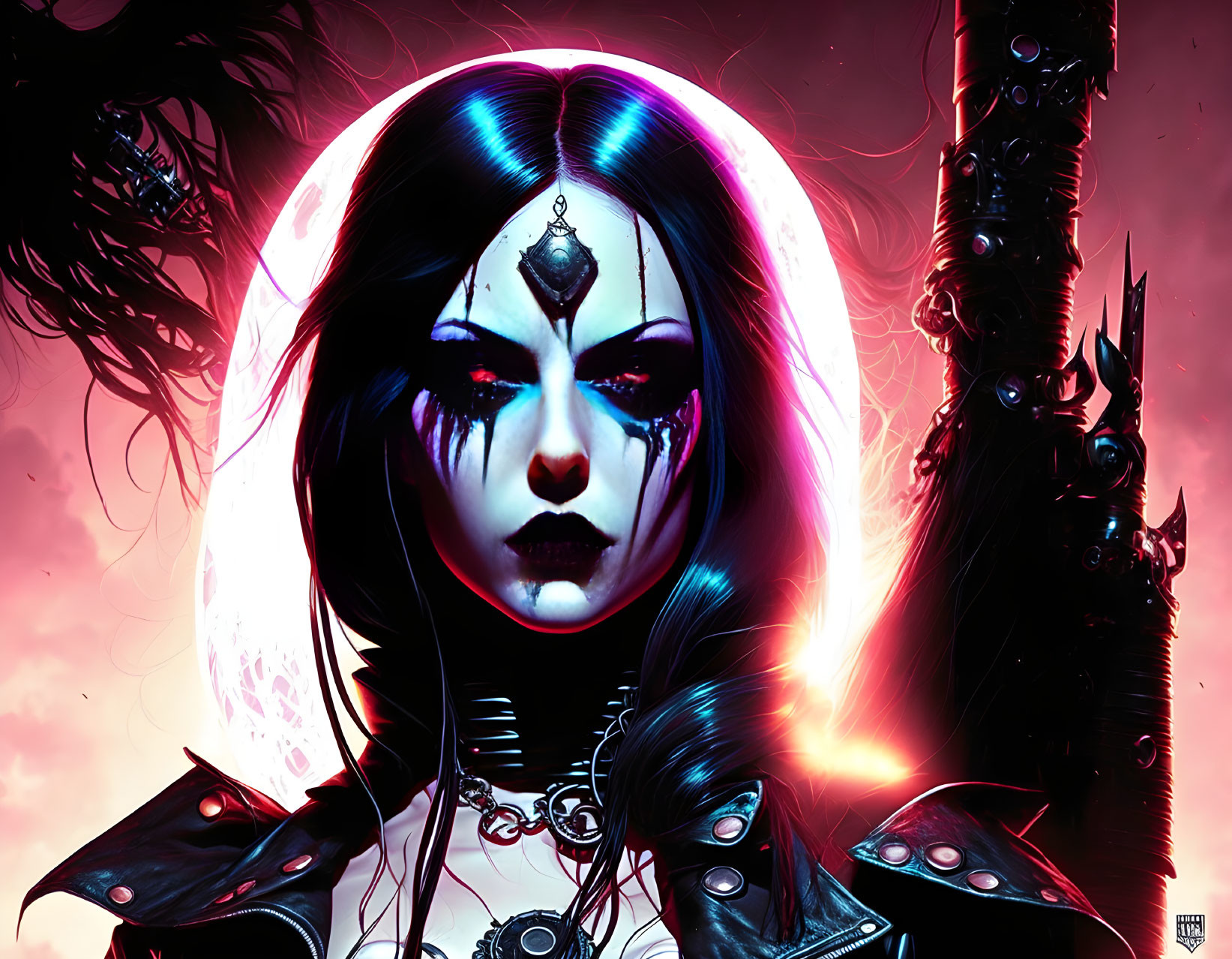 Gothic fantasy female character with white face paint and dark makeup in crimson sky