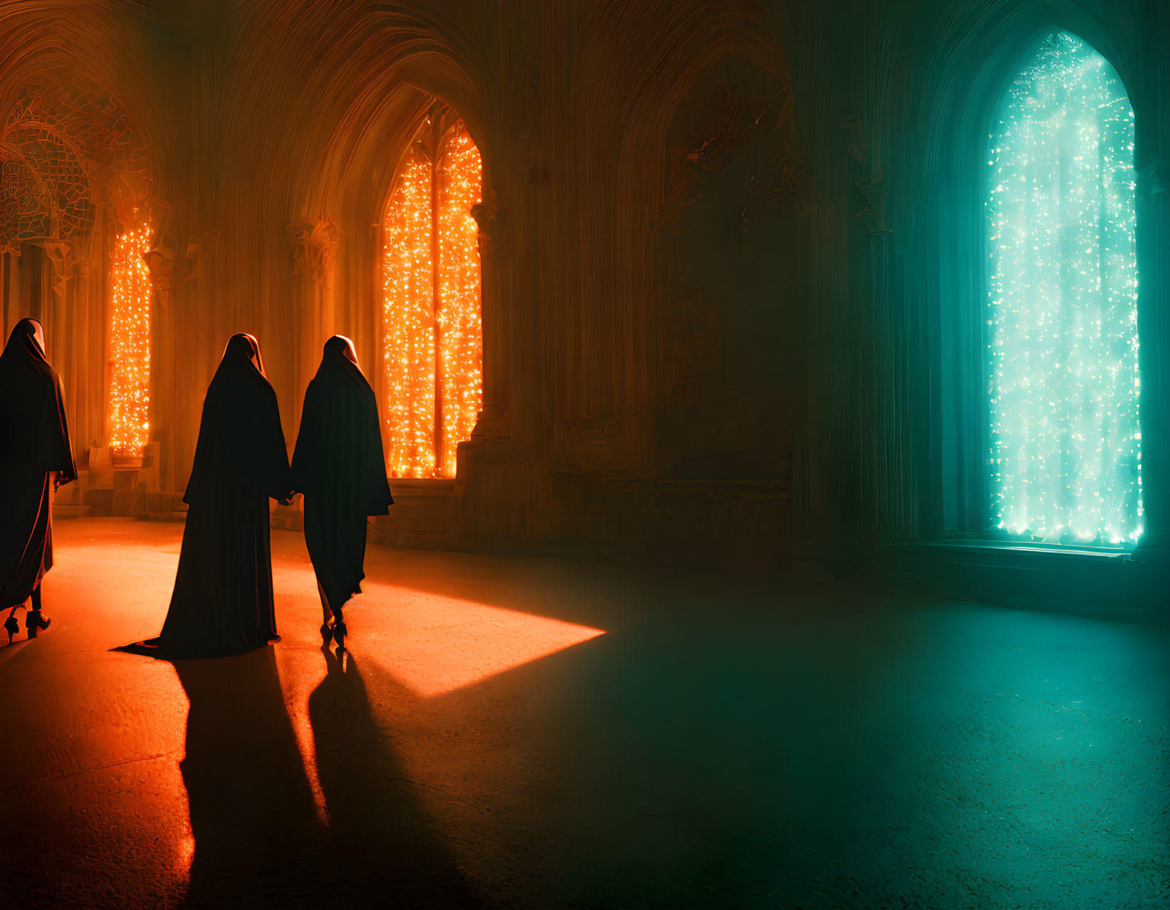 Robed figures in gothic cathedral with orange light