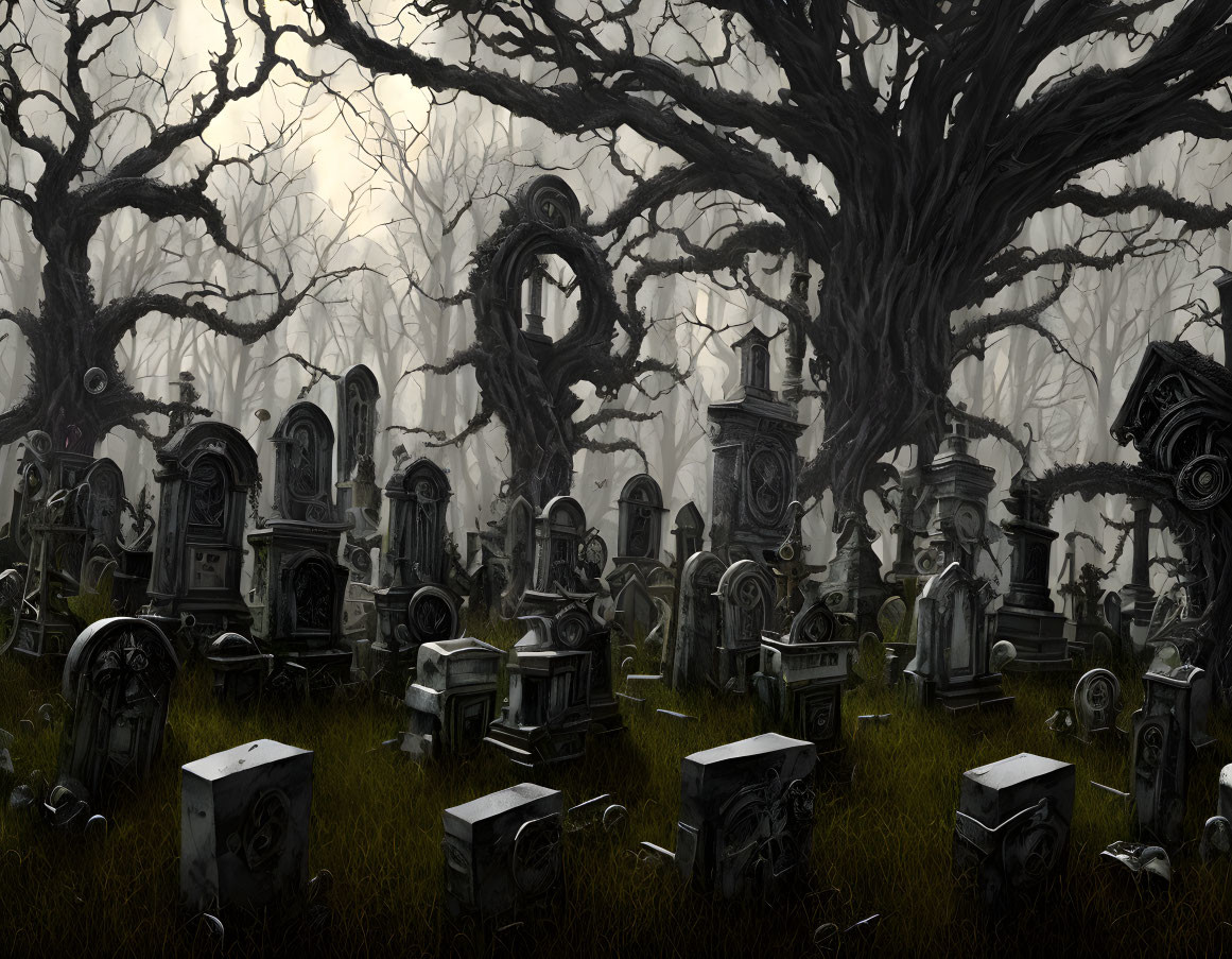 Foggy graveyard with tombstones, statues, and gnarled trees