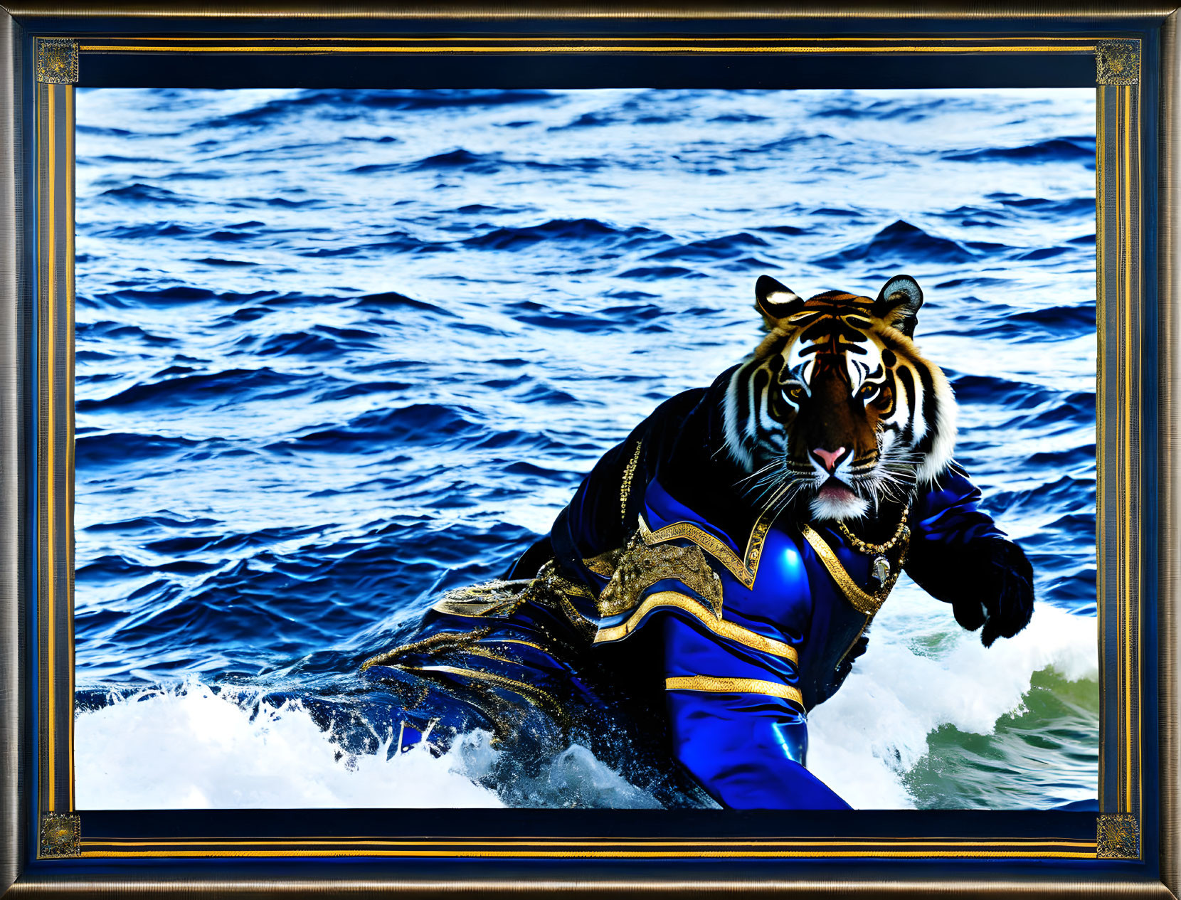 Surreal framed artwork: tiger head on human figure in ocean waves