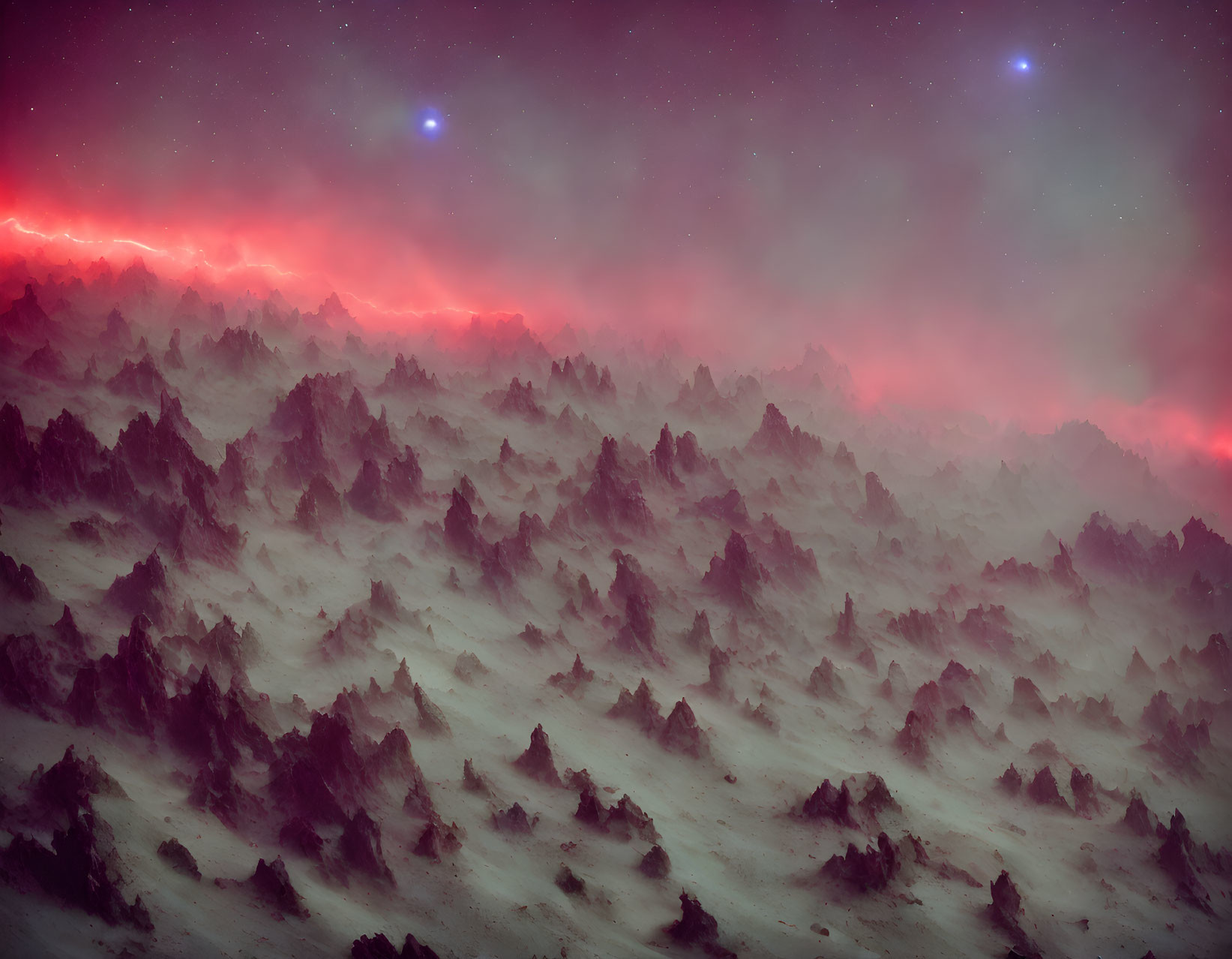 Surreal landscape with fog-covered hills under starry sky