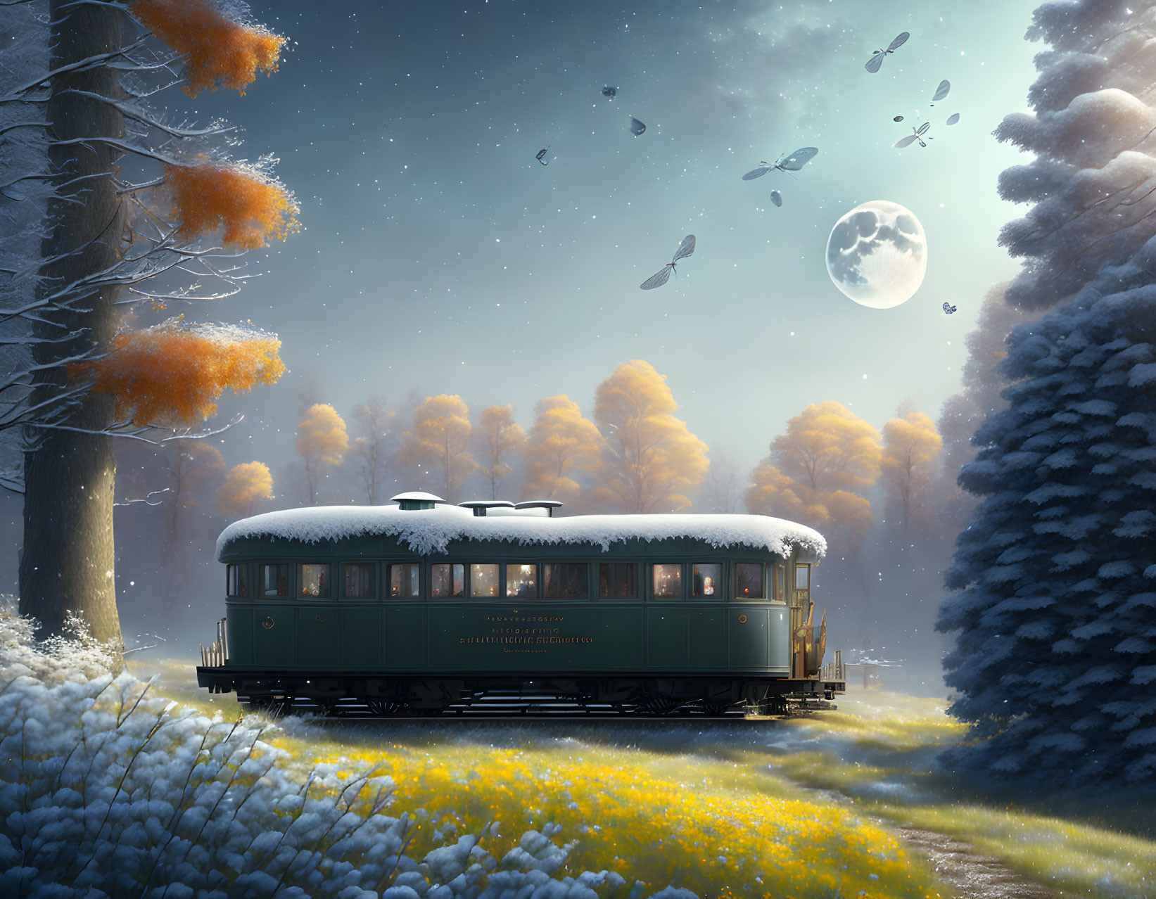 Vintage Tram on Forest Track: Winter meets Spring with Full Moon and Floating Books