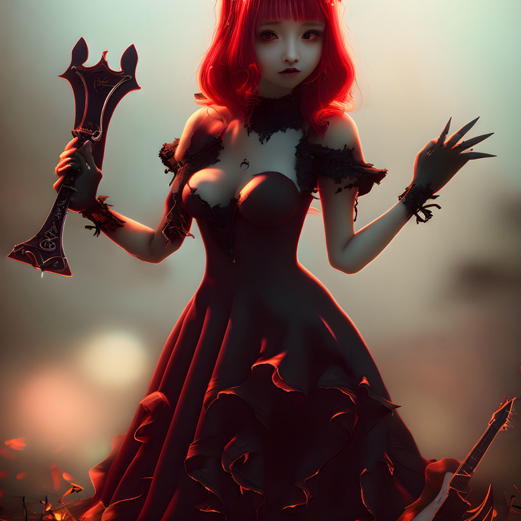 Illustration of red-haired woman with dagger in gothic attire