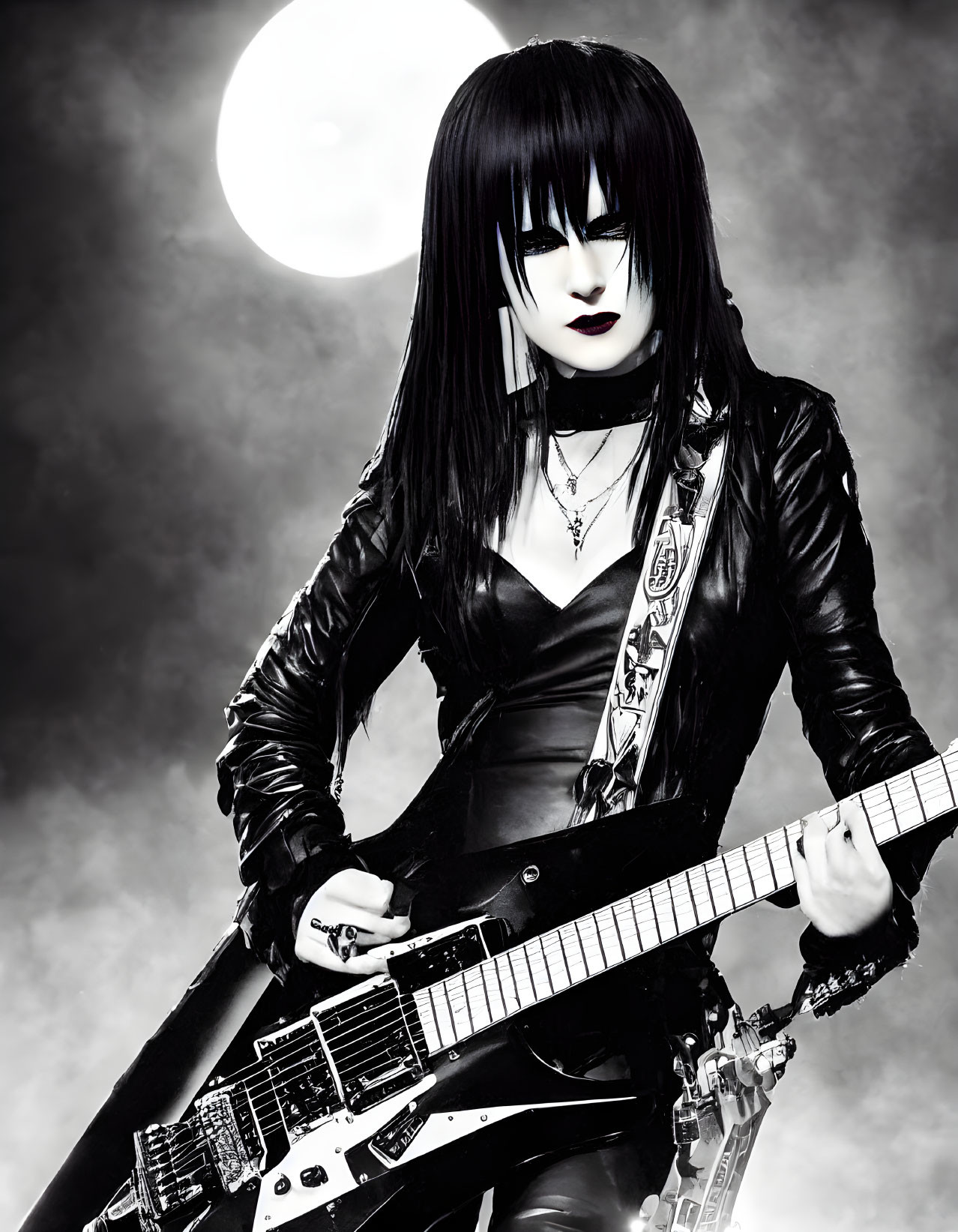 Gothic makeup and leather-clad person playing electric guitar