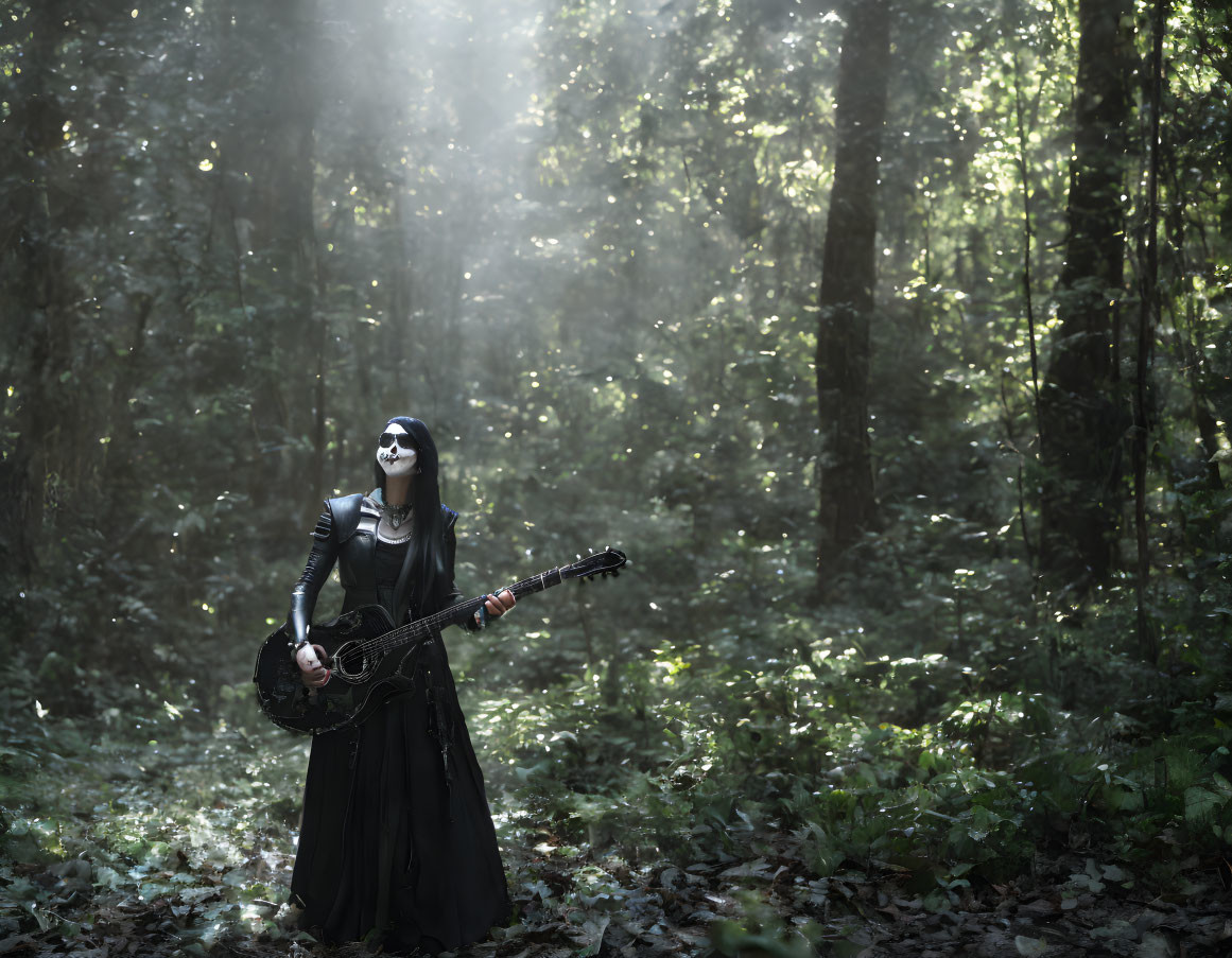 Person in Dark Clothing with Face Paint Playing Guitar in Forest