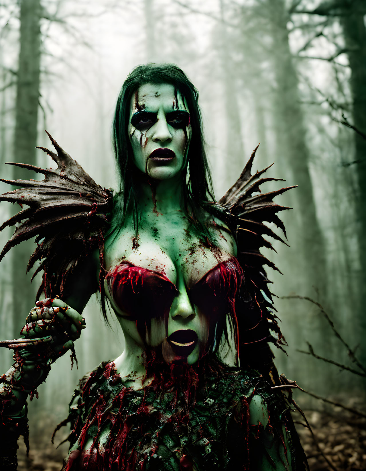 Person with dark, eerie makeup in misty forest with wing-like adornments