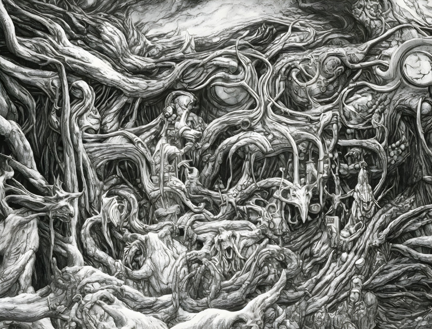 Detailed Monochrome Drawing of Chaotic Tree Roots and Branches