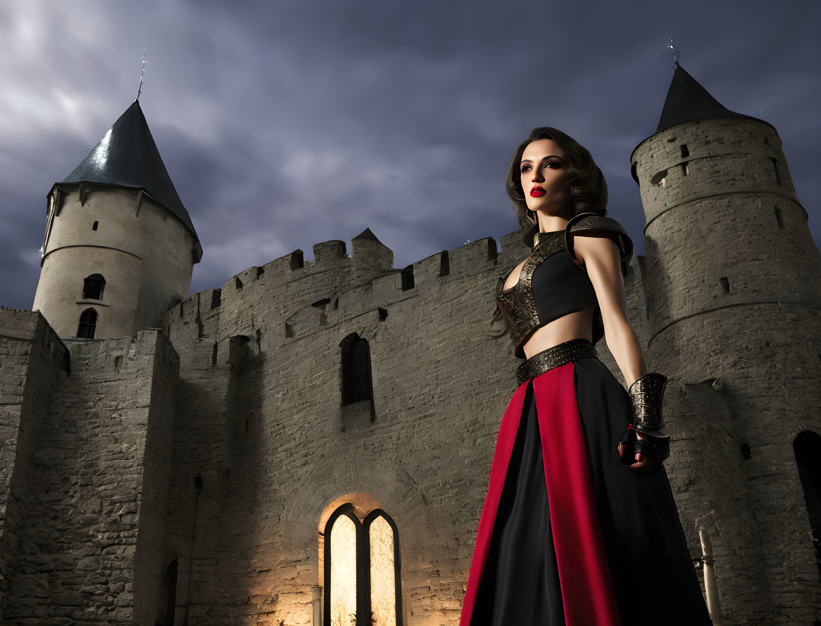 Medieval-style attired woman poses before ancient stone castle under dramatic sky