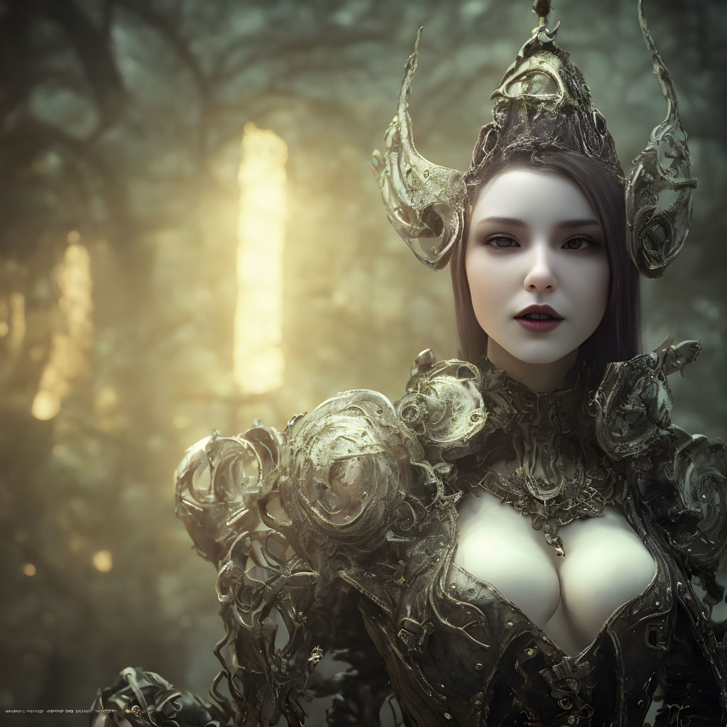 Fantasy armor with metallic details and horns against forest backdrop