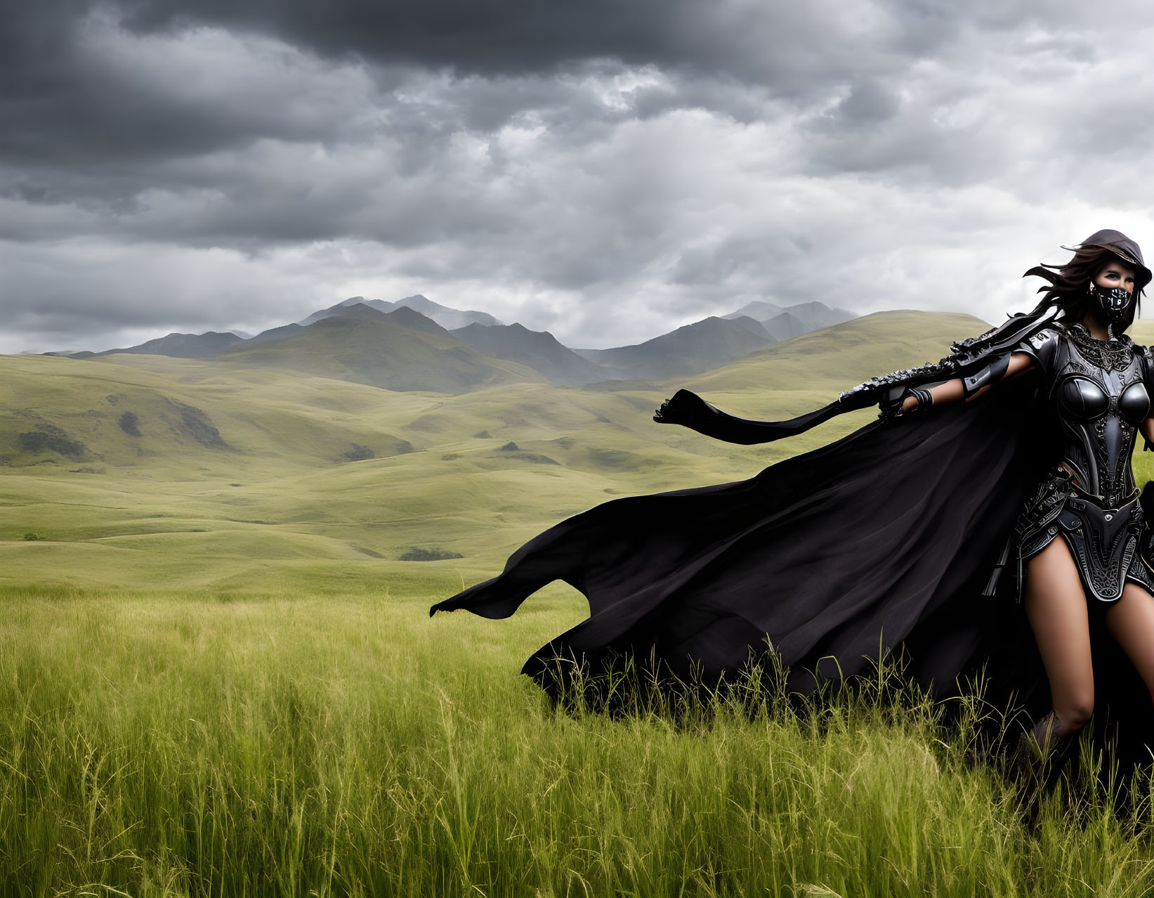 Warrior woman in armor standing in green field with mountains under cloudy sky