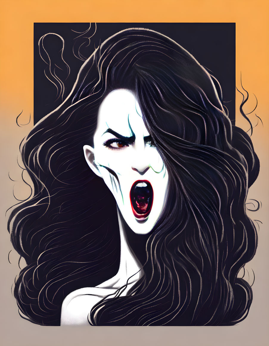 Dark-haired vampire woman with fangs on orange background