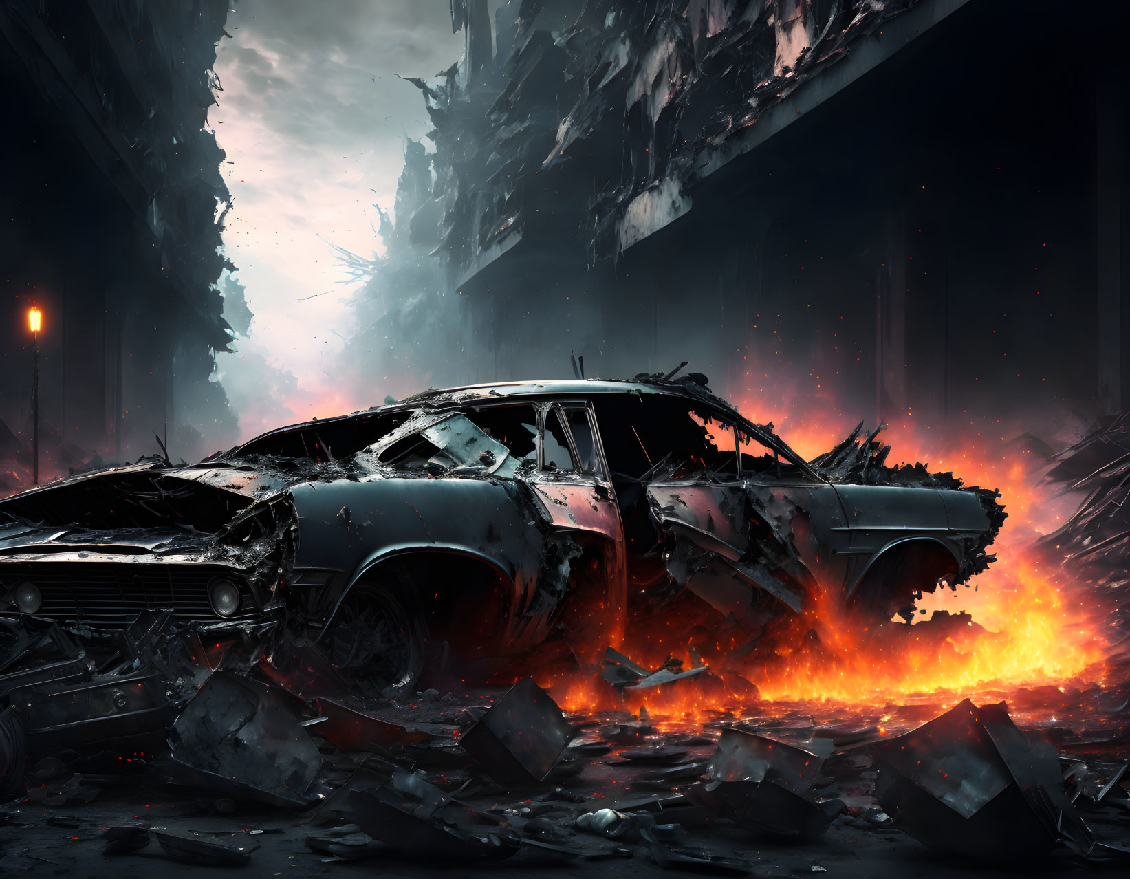 Wrecked car in fiery ruins under dark sky