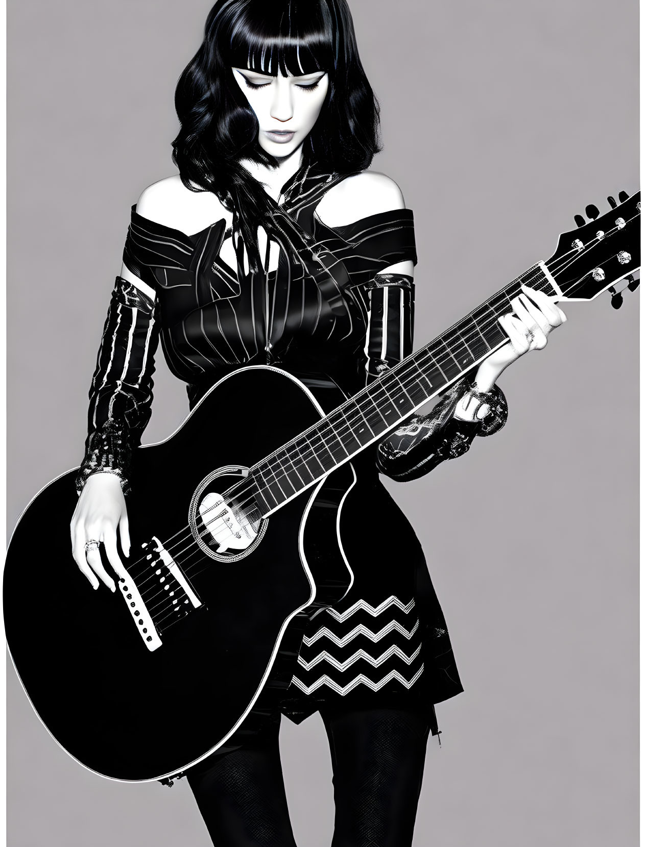 Monochrome image: woman with fringe, striped outfit, acoustic guitar