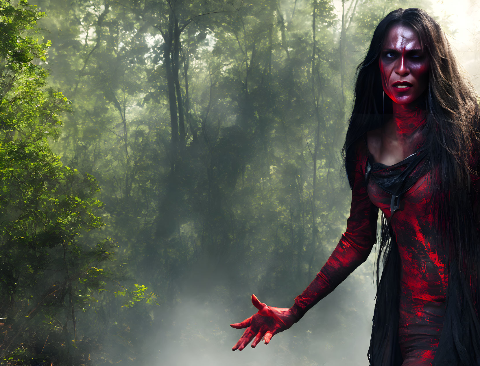 Woman in red body paint and dark attire in misty forest with intense gaze