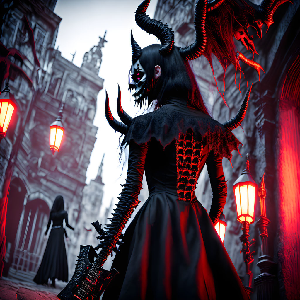 Gothic costume with horns and mask in dark street scene