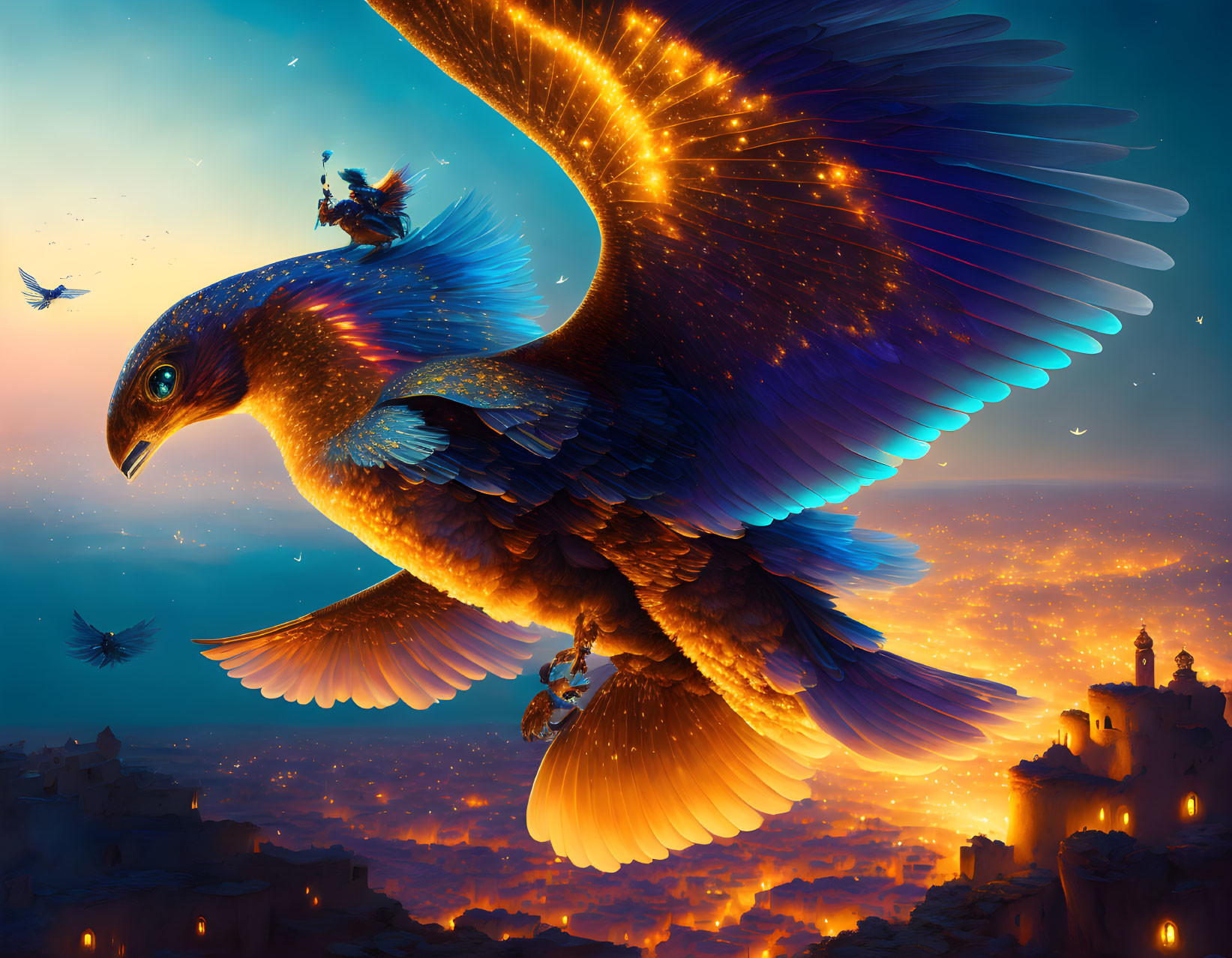 Giant bird with rider over fantasy cityscape at dusk