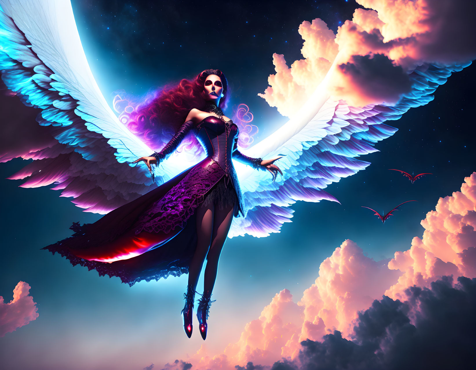 Fantastical female figure with angelic wings in vibrant sky