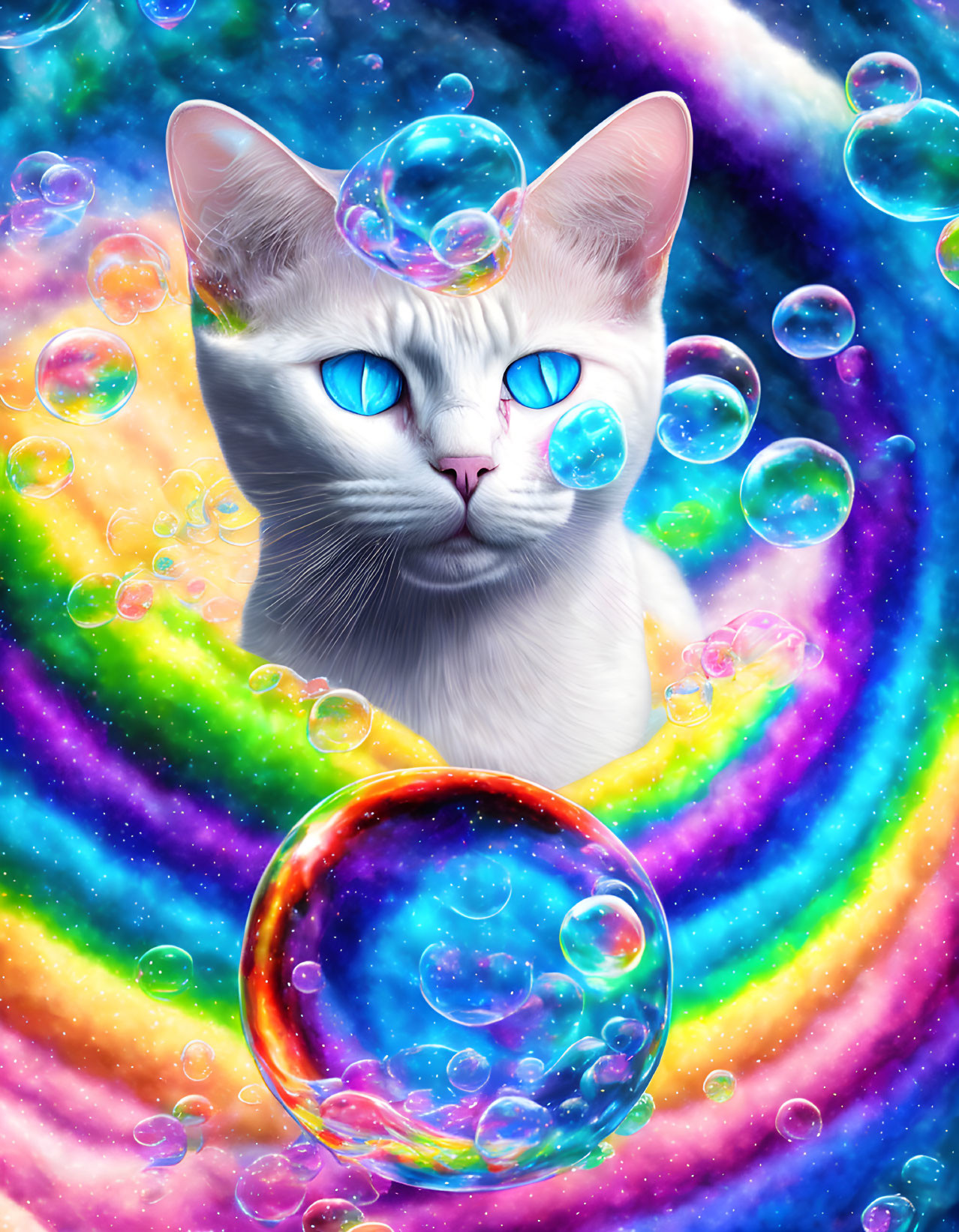 White Cat with Blue Eyes in Colorful Soap Bubble and Rainbow Cosmic Scene