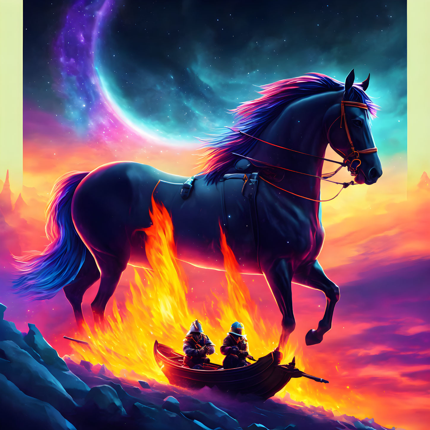 Majestic black horse with fiery hooves above small boat and passengers in purple skies.