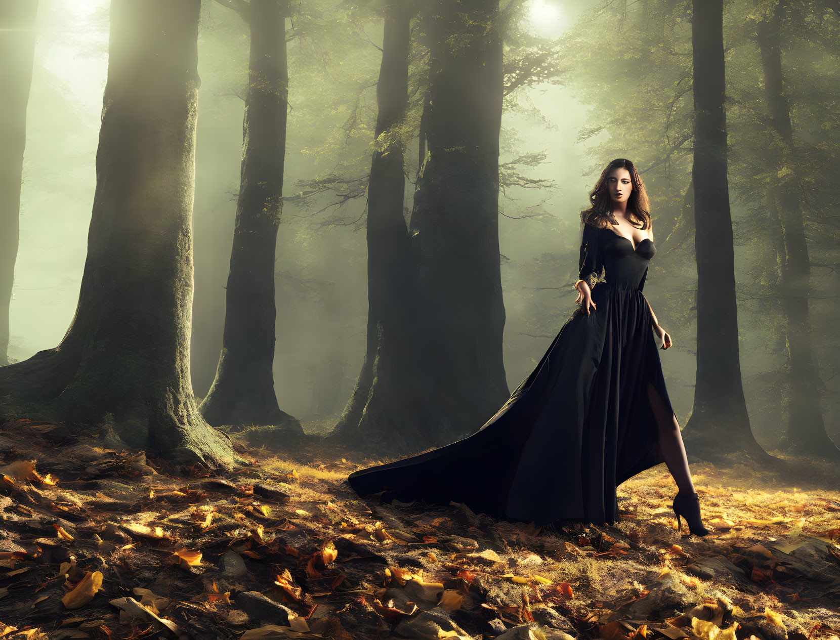 Woman in black dress in misty forest with sunlight and autumn leaves.