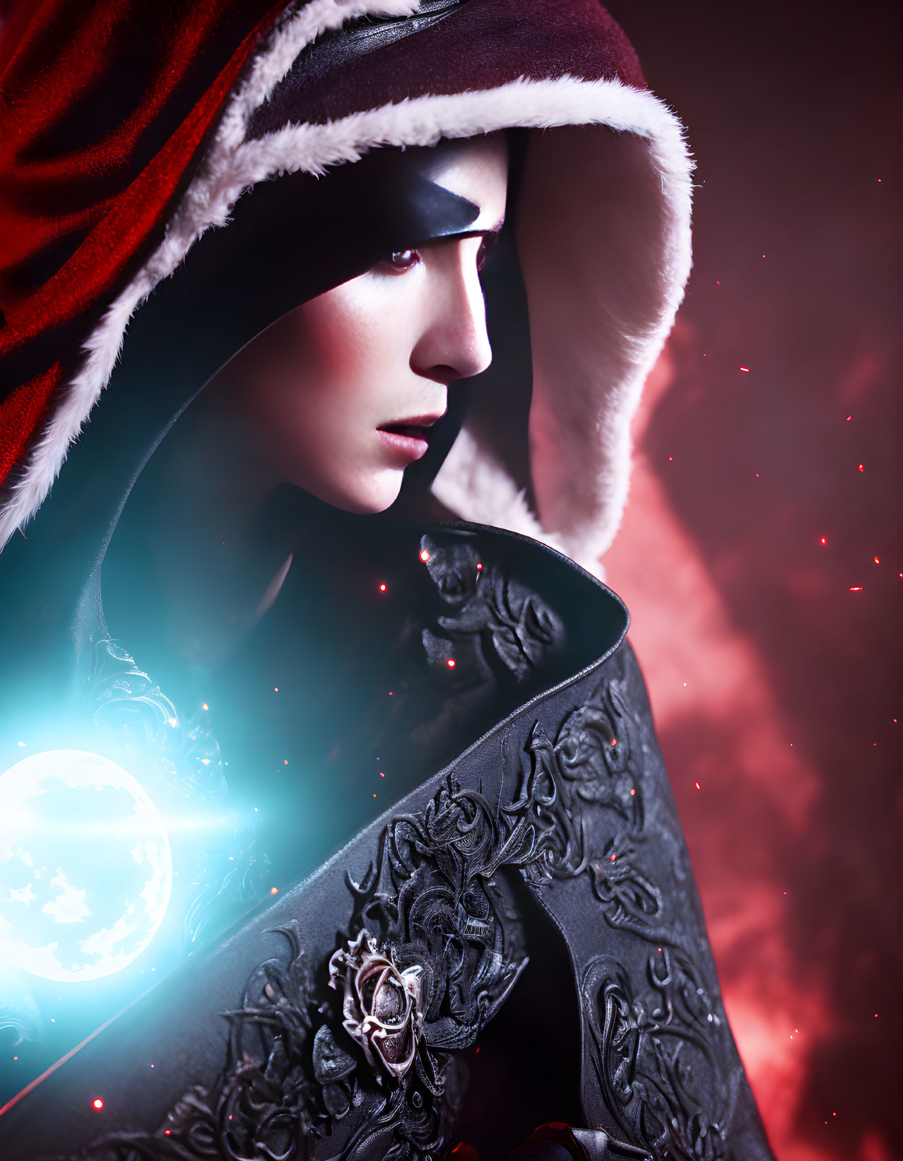 Hooded figure with glowing orb and intricate patterns on cloak