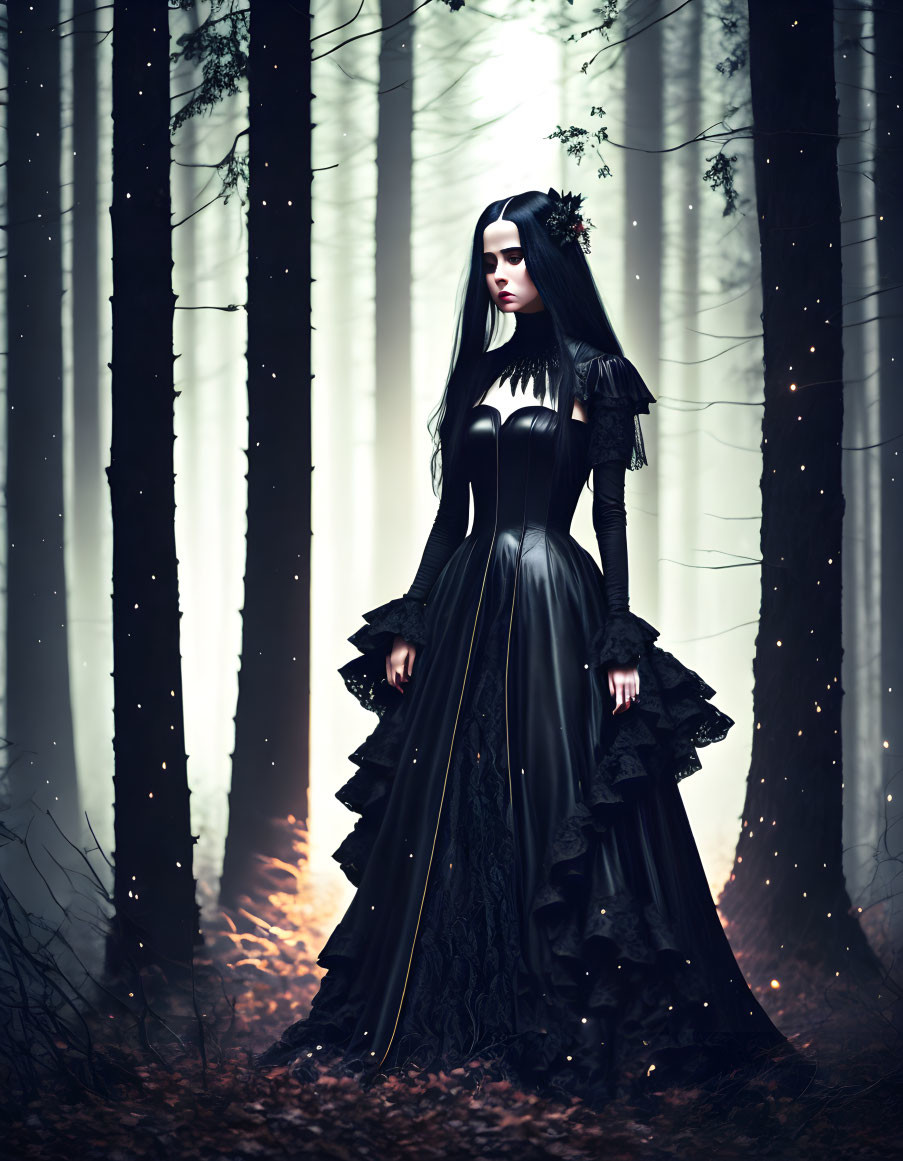 Mysterious woman in black gothic dress in misty forest