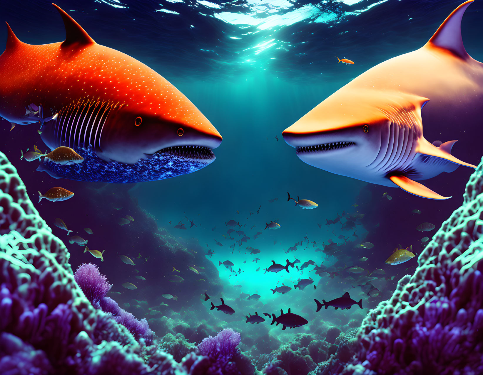 Stylized sharks in underwater scene with coral reef and fish