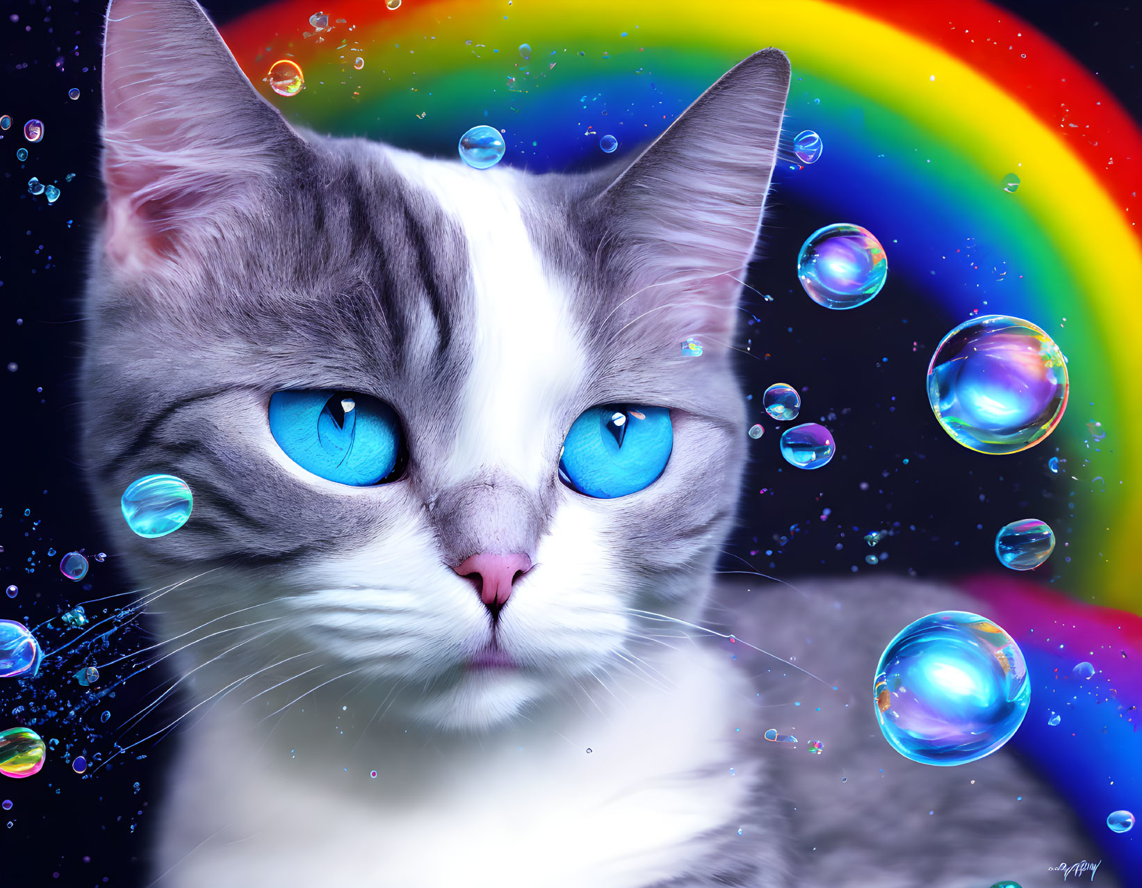 Colorful Image: Blue-Eyed Cat Surrounded by Rainbow and Soap Bubbles